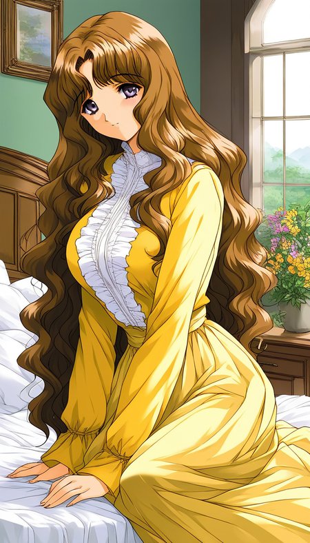 score_9, score_8_up, score_7_up, source_anime, rating_explicit, BREAK  <lora:Tsuchiya_Yuki_XL:1> TsuchiyaYuki, grey eyes, brown hair, long hair,  wavy hair, large breasts, 
solo, light Yellow skirt, Yellow long sleeves,  looking at viewer,
window, scenery, bed, indoors, plant, flower