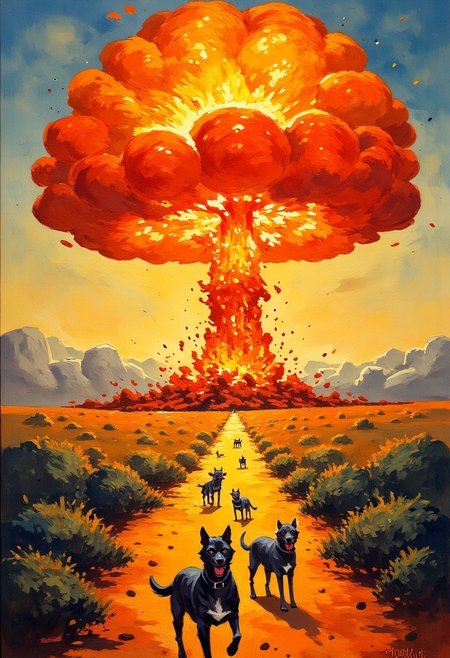 Oil painting of a nuclear explosion in the shape of a cats head. dogs running away from it