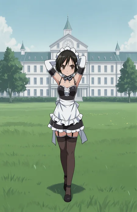 <lora:anatomy_helper:0.8> 1girl, solo, <lora:KoWaGo-IL:0.8> himm,
<lora:ffgarnet-illu-nvwls-v1_1:0.7> ffixgarnet, black hair, brown eyes, short hair,
koremaid, bare shoulders, elbow gloves, white gloves, detached collar, arm garter, garter straps, spaghetti strap, black thighhighs, frilled thighhighs, maid headdress, black footwear,
outdoors, mansion, grass, serious, confidant,,arms behind head, extremely detailed, highres, masterpiece, best quality