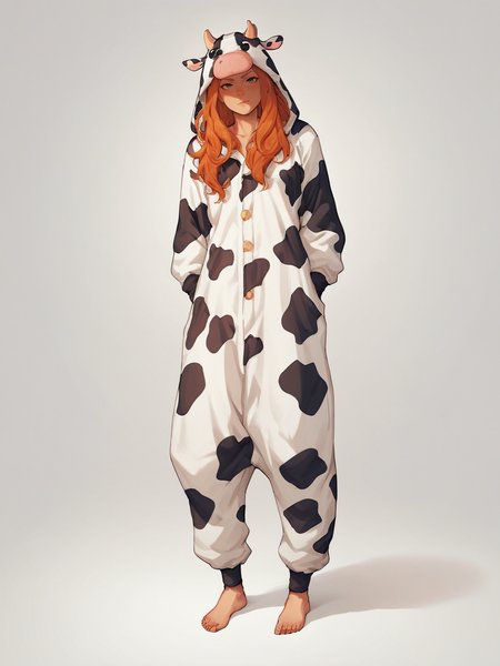 score_9, score_8_up, score_7_up, score_6_up, score_5_up,  <lora:CowonesieXLP:0.7> cow onesie, solo, cow print, animal costume, barefoot, 1girl, long hair, ginger hair, utters
