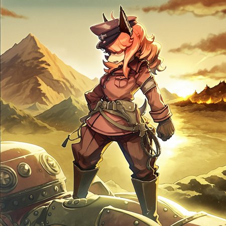 score_9,score_8,score_7,source_furry,
<solo:1.5>,
<1girl:1.5>,
flam_kish, dog girl, flam_fuga, red hair, 
official style, official art,
( art by nyong nyong ) ,,
flam_kish_fuga, flam_kish, flam_fuga, dog girl, official art, official style, 1girl, hat, gloves, military, uniform, animal ears, solo, boots, military uniform, dog ears, headwear removed, hat removed, sunset, ahoge, tail, long hair, mountain, hair over eyes, pants,
 <lora:Flam_Kish_Fuga:1> flam_kish