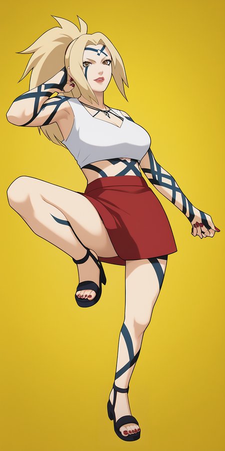 first-person perspective, Perfect Hands,Perfect feet, score_9, score_8_up, score_7_up, score_6_up,  score_anime,1girl,  blonde hair, tsunade (naruto),White crop top,red skirt, ponytail, solo, standing,,blone hair,black sandals,red nails,leg up,  spread legs,  <lora:tsunade_train_v5-000009:0.9>,  tsunade's sandals \(sandals\), forehead mark,(tattoos:0.4, one-line,Byakugou noJutsu)ï¼<lora:Perfect Hands:0.8>  <lora:Smooth_Anime_2_Style_SDXL_LoRA_Pony_Diffusion_V6_XL:0.8> ï¼bathroom background