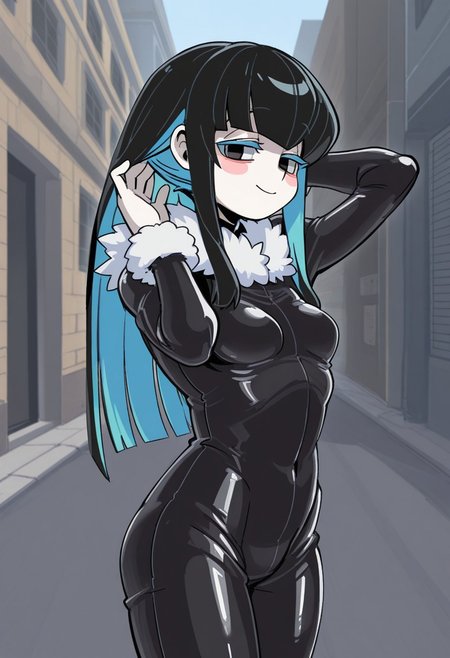by 770mk, solo, fov, looking at viewer, narrow eyes, blunt bangs, two-tone hair, colored eyelashes, thin smile, blush stickers, small breasts, fur trim, street, shiny clothing, adjusting hair