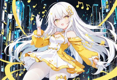Best quality, masterpiece, sci-fi extremely dark abyss city, music notes, one singer girl with round pert breasts, majestic walk, hands gesturing, adorable pure white long loose hair, simple hairpin, adorable smooth happy face, singing, open mouth, bright yellow eyes, detailed kawaii makeup, beautiful white dress with long sleeves and gloves, slim waist, very short miniskirt, white tights, thick clavicle, thick pelvis, thick hips, thick thighs, heels