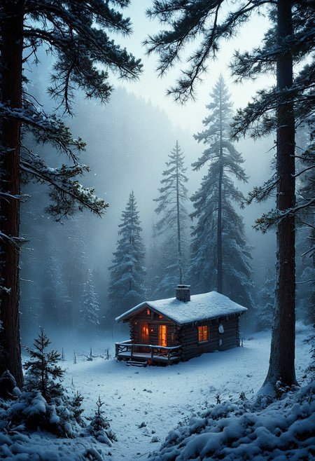 Towering snow-covered pines rise silently, their branches weighed down by fresh snowfall, with a distant cabin barely visible through the soft, rolling mist. Alexander Volkov’s mastery of light and atmosphere creates an ethereal glow, as the early morning light filters through the trees. David Kassan adds subtle human elements, hinting at life within the isolated cabin, while Michael James Smith’s hyperrealistic detailing brings each snowflake, tree branch, and texture to vivid life. The serene scene captures the quiet beauty of winter, with an inviting warmth nestled in the heart of the cold wilderness.
vivid colors.
detailmaximizer, aidmaMJ6.1,  Movie Still, Film Still, Cinematic, Cinematic Shot, Cinematic Lighting, detailxl, flux-style, midjourneyv6.1