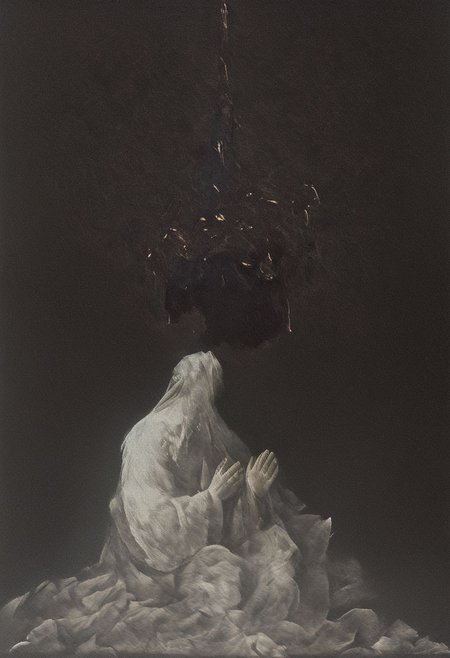 painting of a man praying to an older man, lovers, sin. lust. pain, heart being ripped out, surreal dark smeared background, black and gold mutations tears in fabric , separation of colors, in the style of nicola samori , glow effects, godrays, Hand drawn, render, 8k, octane render, cinema 4d, blender, dark, atmospheric 4k ultra detailed, cinematic sensual, Sharp focus, humorous illustration, big depth of field, Masterpiece, colors, 3d octane render, 4k, concept art, trending on artstation, hyperrealistic, Vivid colors, extremely detailed CG unity 8k wallpaper, trending on ArtStation, trending on CGSociety, Intricate, High Detail, dramatic, absurdes, a realistic baroque bedroom, white canopy over bed, white drapes, damask patterns, intricate details,    in the style of Vittorio Matteo Corcos