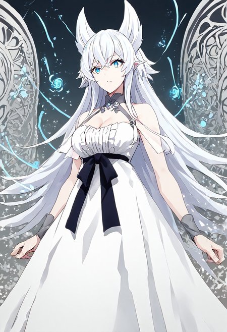 score_9, score_8_up, score_7_up, score_6_up, score_5_up, score_4_up, source_anime, 1girl, solo, 
fenrys, white dress, white hair, blue eyes, cleavage, 
masterpiece, best quality, very aesthetic, absurdres,