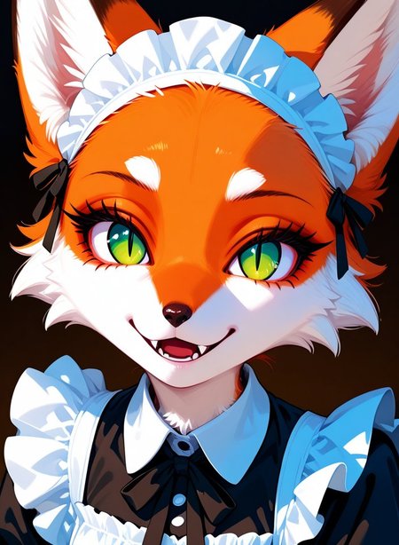 <lora:Foxy_v02_PDXL:1>  solo, furry girl, furry fox girl, slender body,  body covered with short white fur, fox ears,  long eyelashes,  foxgirl, white fur, green eyes, slit pupils,  long lush eyelashes, more detailed eyes,  lustful look,  short maid dress, maid cap,  sly smile, , mouth open, fangs showing, face close up,  <lora:eyelashes_pony_V1.0:1> <lora:Eyes_Lora_Pony_Perfect_eyes:1>