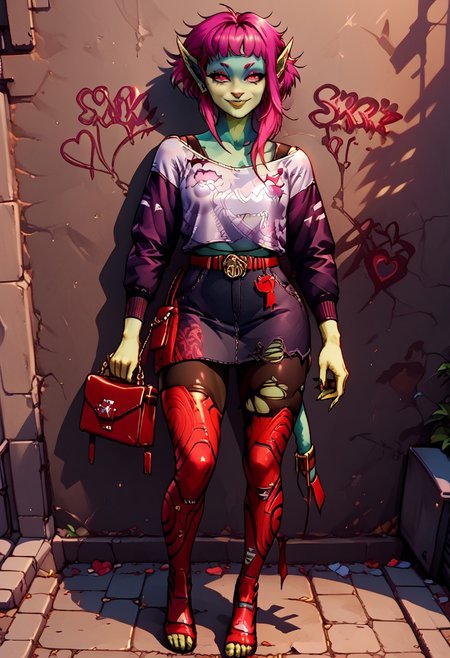 score_9, score_8, score_7,Beautiful , cyberpunk, XXX Rating, EyesHD, Expressiveh,
1 female, 
BREAK ,itz, green skin, pointy ears, pink hair, furry skin ripped clothing, seductive eyes, smug, small breasts ,puffy nipples, shy, horny, happy, skindentation, eye contact, whore, prostitute, prostitution, street hooker, handbag, leans against the wall, full body
BREAK ,<lora:It-Z:0.9>, , <lora:g0th1cPXL:0.35>, fine hair, extremely detailed hair, impossibly detailed eyes, street, alley, night, city, neon light, g0thicPXL,   <lora:Eyes_High_Definition:0.9>,   <lora:JMG style PonyXL:0.65>