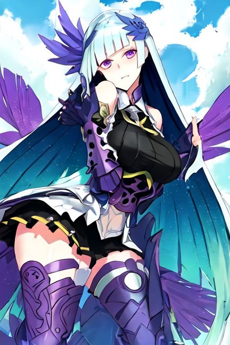 solo_focus, 1girl, (((masterpiece))), ((best quality)), ((ultra-detailed)), high resolution, absurdres, highres, ultra-detailed 8k unity wallpaper, 
brynhild_fgo, long_hair, purple_eyes, very_long_hair, breasts, bangs, blush, blue_hair
