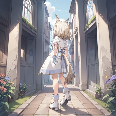 score_9, score_8_up, score_7_up, source_anime, best_quality, masterpiece, BREAK, 1girl, solo,
<lora:HappyMeekPony:0.9>, HappyMeekPony, medium_hair, horse_tail, horse_ears, bangs, medium_breasts, 
HPMK, coat, hair_ornament, white_gloves, short_sleeves, hairclip, hair_flower, puffy_short_sleeves, white_shirt, bow, white_footwear, brooch, glassfield, from_behind, ass,
