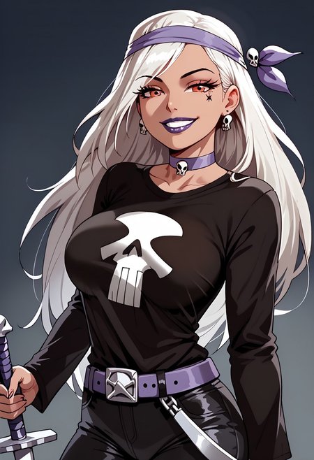 score_up_9, score_up_8, best quality, Ms. Doombringer, 1girl, solo, long sleeve shirt, choker, belt, blackpants, large breasts, smile, parted lips,half lidded eyes, holding spiked dagger, pointing weapon at viewer, skull print,
<lora:add-detail-xl:-1>