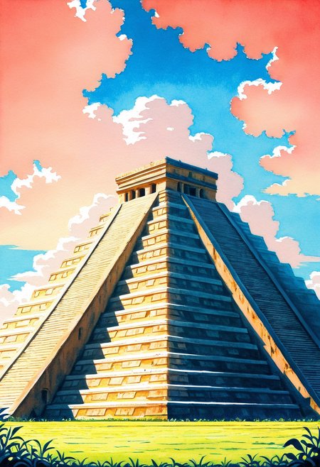 masterpiece, best quality, no humans,   Ch1chen, flower, day, blue sky, no humans, traditional media, grass, stairs,  ,<lora:ChichenItza_IXL_v1:1.0>,