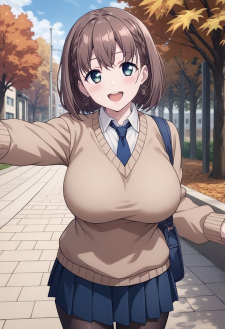score_9, score_8_up, score_7_up, source_anime, 
detailed eyes, eye reflection,
ai, short hair, brown hair, green eyes, braid, side braid,
huge breasts,
earrings,
necktie, blue necktie,
sweater, brown sweater,
shirt, white shirt, collared shirt,
skirt, pleated skirt, blue skirt,
pantyhose, black pantyhose,
outdoors, autumn,
1girl, blush, laugh,
reaching to viewer,