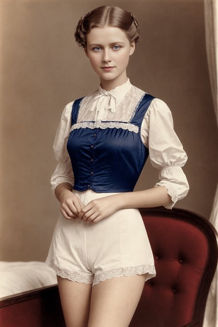 1910's  photograph of 18 year old  jp-svetmil-v2a-1000, Gibson Girl updo, pale complexion  wearing Cotton camisole with lace trim and embroidered details, full-length bloomers , Edwardian bedroom , Kodak Brownie No. 2, 100mm f/11, 1/20s, ISO 25, Autochrome , <lora:add_detail:0.5>