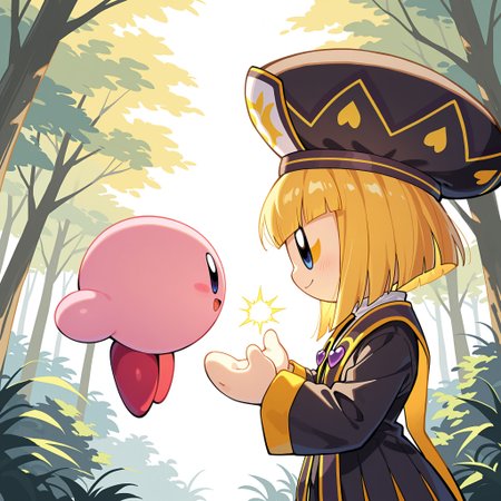 masterpiece, best quality, amazing quality, very detailed, newest, no humans, duo, WnKrbZnPrtznn, blonde hair, short hair, floating hands, black robe,  ribbon, black hat, nature, sunny, dynamic pose, smile, (holding kirby), upper body, eye contact, portrait, upper body, <lora:6181c8c8-c962-4334-b2cb-3dfb77597397:0.8>