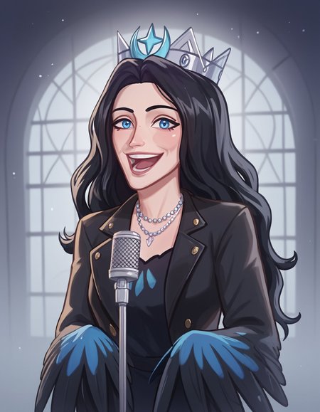 score_9, score_8_up, score_7_up, score_6_up BREAK, IncrsNeverGonnaGiveUUp, smile, looking at viewer, open mouth, microphone stand, upper body, black jacket, open jacket, 1girl, smile, solo, long hair, blue eyes, black hair, necklace, black dress, crown, monster girl, harpy, winged arms, sirin-dh <lora:Sirin:0.7> <lora:add-detail-xl:0.3> <lora:NeverGonnaGiveYouUp_XLPD:0.7> <lora:CptPopcornLycoXL:0.7>