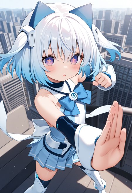 1000-chan, blue hair,  animal ears, cat ears, purple eyes, gradient eyes, short hair, gradient hair, white hair ornament, symbol-shaped pupils, flatchest,
blue bow, bare shoulders, arm warmers, white anklet, blue detached sleeves, blue pleated skirt, zettai ryouiki,black thighhighs, blue thigh boots,
 <lora:1000-chan_Illustrious-XL-2.0_v1:1>, masterpiece,best quality,amazing quality, solo,1girl,, standing, (dynamic pose,fighting stance), open mouth, blush,expressionless
looking at viewer,(upper body, close-up),
(outdoors,city )