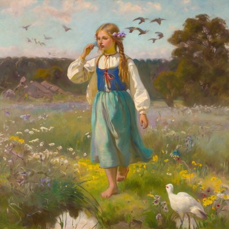 jchelmonski girl in a meadow full of flowers with birds in the background <lora:jchelmonski:1>