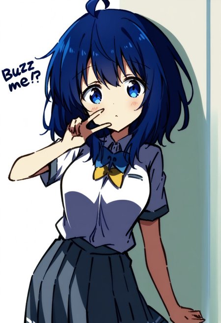 score_9, score_8_up, score_7_up,source_anime,BREAK, 1 girl, Yanami Anna with a sign with text "Buzz me?", <lora:buzz-text:.0.8>, blue_eyes, blue_hair, medium_hair, ahoge, medium_breasts, blue_eyes, blue_hair, medium_hair, ahoge, medium_breasts, school_uniform, white_shirt, collared_shirt, bow, pleated_skirt, grey_skirt, short_sleeves  , V over eye