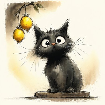 Close-up, Chinese traditional elements, Chinese Ancient Tang Dynasty, cute black kitty looking at lemon on tree, curious, colorful ink wash painting, delicate brushstrokes, rich details, high quality, movie-level lighting, cute, chubby, chibi, fuzzy <lora:Cute_Drawing:0.8>