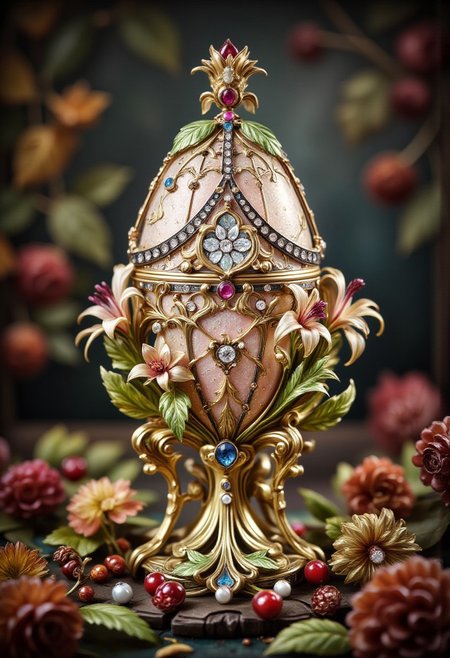 hyperdetailed ultra-detailed realistic, detailmaximizer, 
extremely detailed best quality, reality-shot, realism, realistic photography of a an elaborate cristal Fabergé egg with very small gold ornaments in the Art Nouveau style. The egg is covered in pearls and topped with rose pink enamel on a guilloché field. The egg is supported by cabriole legs of green-gold leaves. The gold-stemmed lilies have green enameled leaves and flowers made of gold set with rubies, pearls, and diamonds in vivid colors. The Egg is girded with crisscrossed bands of rose-cut diamonds and surmounted by an crown, richly decorated with rose-cut diamonds and two cabochon rubies.The cristal Fabergé egg  is placed on a pedestal a fairy-tale medieval table among flowers and autumn leaves, viburnum and rowan berries, intricate details, ultra sharp, exquisite detail, flawless composition, vivid colors, masterpiece, exciting background. High Definition HD, High Detail, Perfect Composition, dark fantasy movie, cowboy shot, bokehmachine, bokeh
