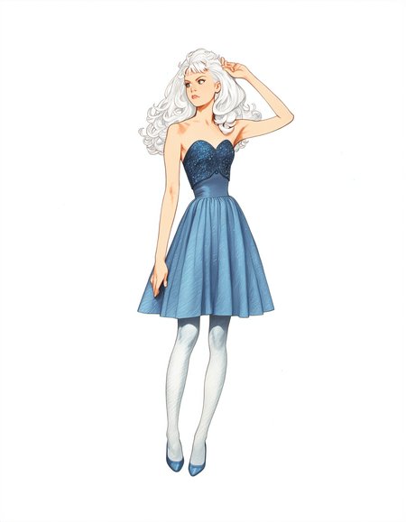 pprdl1z, 1girl, solo, long hair, white hair, bare shoulders, pantyhose, traditional media, skirt, full body, arm up, standing, white background, PonyXLV6_Scores,  <lora:TierneyDollPDXL:1>