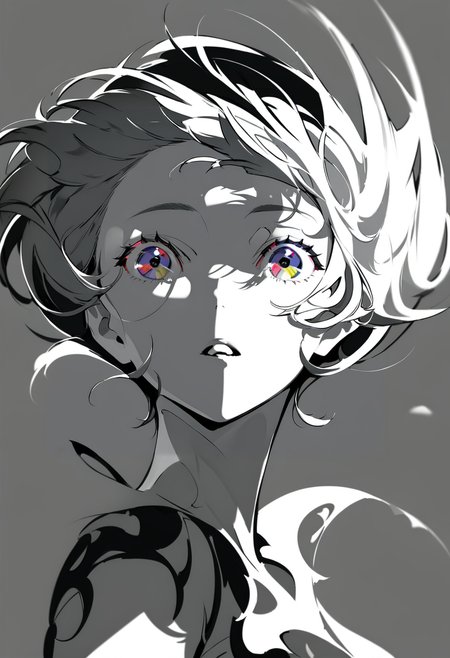 masterpiece, best quality, <lora:yoneyamaiXL_ANI31_lokr_V4302:0.95>  solo, 1girl, portrait, multicolored eyes, spot color, short hair, monochrome, grey background, shadow, floating hair, open mouth, parted lips, looking at viewer, greyscale, simple background, eyelashes, purple eyes, wind, blue eyes