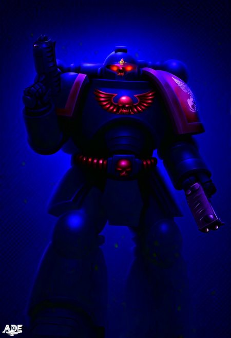 Score_9_up, absurdres, source: GamesWorkshop, grimdark, gothic horror, an adeptus astartes Ultramarines space marine in armor and helmet wielding a melta
