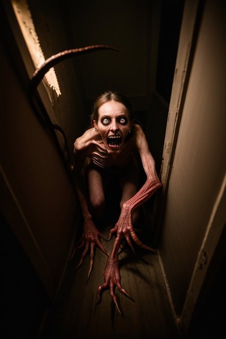 Photography, photorealistic, insanely real life detailed, 8k, highest resolution possible, sharp focus, taken with professional DSLR and lenses, cinematic, taken best skilled cinematographer, 
monster, horror \(haunted house\), Darkness,
Inside a haunted house, indoors,night,dark, creepy, scary,terrifying, haunted,
horror movie atmosphere, cinematic dark night time lighting and dramatic shadows,
Cinematically<lora:Reel_WHorror_1_2_9_ReWo_n:1> realistic horror scene of an indoors, 
, eyes,extra eyes,tentacles,horn,flesh,extra limbs
veins, multiple limbs, blood pool, teeth, rim lighting, (8K, RAW photo, best quality:1.2, masterpiece:1.2), (realistic, photo-realistic:1.2), ultra-detailed,