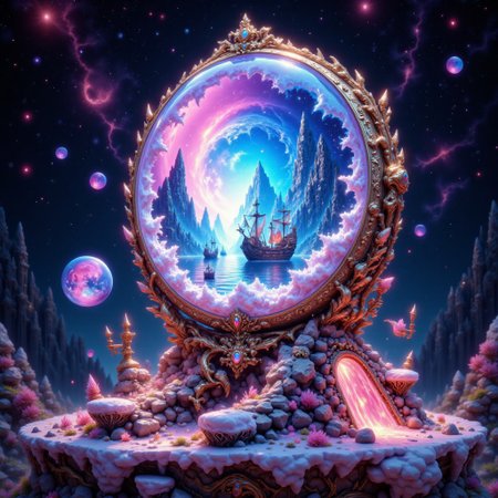 bo-exposure, pinketherealmj, a crystal ball showing A beautiful magical ocean inside, with a fleet of fantasy style  mini viking ships. The crystal ball is floating inside a colorful cosmic storm on space, magical glow, internal glow, magic, fantasy, glowing, colorful,