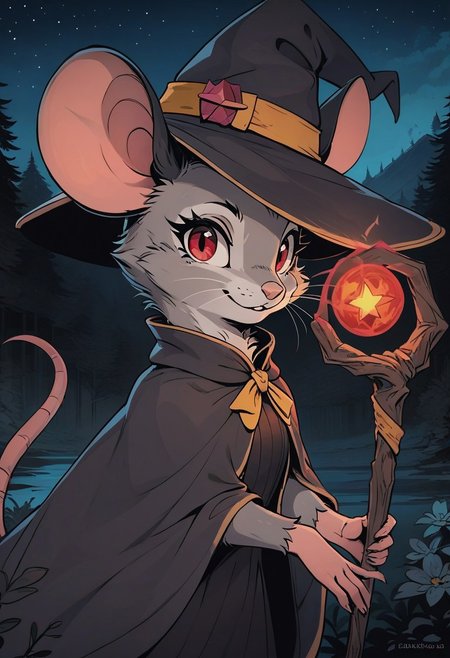 score_9, score_8_up, score_8,
[][][]
(((mouse))), ((feral)), female, solo, (fluffy), (fluffy cheeks:0.7), (cute)
[][][]
flat color, in the style of Beatrix Potter,
[][][][][]
(black dress, witch hat), grey fur, (black ears), red eyes, (side view:0.8), outdoors, standing, (upper body shot, head focus, close up), holding magic staff, look at viewer, night, stars, (cool color pallet), (evil expression:1.2), forest,