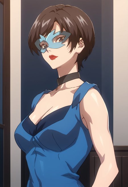 score_9, score_8_up, score_7_up,at room, indoor, moonlight,night view, richlady, female, mask, black hair, red lips, collar , blue clothing,black eyes