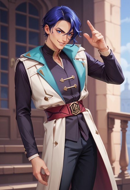 score_9_up, score_8_up, score_7_up, score_6_up, (realistic, photography, explicit photography) dynamic pose, 1boy, solo, BREAK, 
b4pt1st3,, short hair, hair over one eye, bangs, blue hair, blue eyes, , long sleeves, belt, coat, shirt, black pants, shoes, coat,  vest, standing, smiling, charming