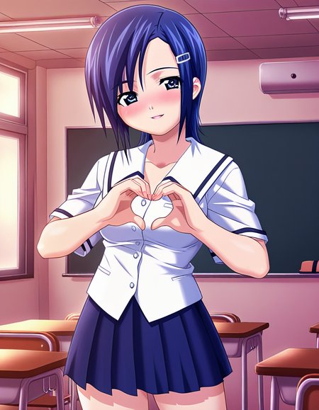 masterpiece, best quality, amazing quality, very aesthetic, absurdres, official art, ultra detailed,
1girl, solo, ayukawa_kana, blue hair, short hair, hairclip, blue eyes  BREAK
white shirt, short sleeves, blue pleated skirt, blush, seductive smile, parted lips, looking at viewer, 
standing, pinup, heart hands, 
in classroom, cowboy shot, sharp focus, depth of field, highly detailed
<lora:ayukawa kana v1.0-000016:1>