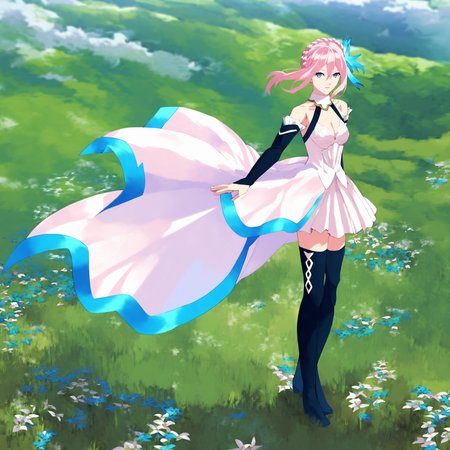 <lora:Shionne_V2:1>, masterpiece, score_9, Score_8_up, Score_7_up,  best quality, very aesthetic,   15 shionne 01b weddingdress, shionne 01b, pale skin, long hair, (blue eyes), wedding dress 1girl, solo, breasts, 1Girl, hair ornament, thighhighs, dress, bare shoulders, full body, pink hair, braid, detached sleeves, black thighhighss   <lora:detailed_backgrounds_v2:1> (scenery:1.3),  backgrounds scenery, complex background, grass, cloud, flowers,  looking at viewer, cowboy shot, (close up shot:1.4)