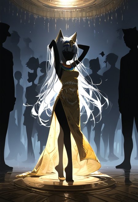 (masterpiece, best quality), (score_9, score_8_up, score_7_up,source_anime), 4K8K, high res image, Uncorrected, white print, lineart print, print, 
from front, Porcelain wall, 
Ankha_(Animal_Crossing), (silhouette Ankha solo:1.3), 
(animals), silhouette, backlit, backlighting, dark night, Porcelain Mix Gold, pmg style, 
(golden lines, white silhouette skin, Skin like porcelain), 
standing on tiptoes, reaching out, arms up, 
(small stature, petite:1.3), (breasts:1.1), (white hair, verry long hair, cat ears),
(wearing Porcelain clothing, Porcelain Egyptian-style dress),