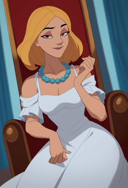 score_9, score_8_up, score_7_up, score_6_up, score_5_up, score_4_up, rating_safe, flat color, BREAK
1girl, falin thorden, dress, jewelry, white dress, looking at viewer, solo, blonde hair, necklace, sitting, beads, bead necklace, pearl necklace, brown eyes, yellow eyes, smile, short hair, curtains, closed mouth, medium hair, hand up, throne
 <lora:Inusen_style_pony:1>
