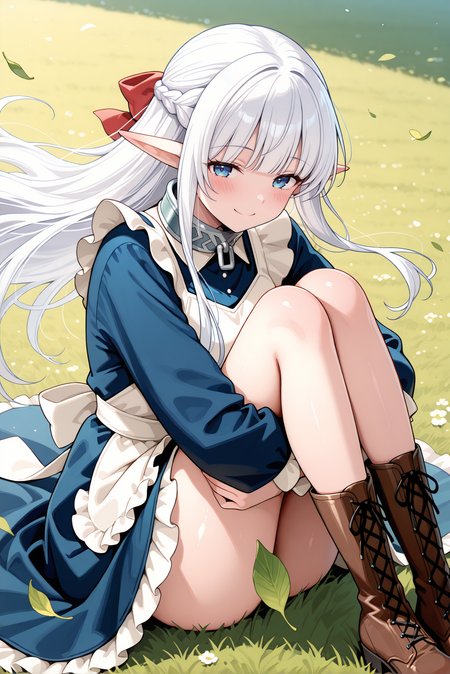 masterpiece, best quality, very aesthetic, absurdres, ultra-detailed, highly detailed,  shiny skin, (wind lift:1.2), blush, (long dress:1.2),   floating hair, blush, brown footwear,  convenient censoring, hugging own legs, knees to chest, ((knees up:1.2)), half-closed eyes, blush, falling leaves, leaves, cowboy shot, (lace-up boots:1.2), from side, ass, 
meadow, wind, outdoors, smile, looking at viewer, sitting, on grass, 
<lora:Nephelia-08:1> nephelia, 1girl, long hair, white hair, braid, pointy ears, french braid, elf, blue eyes, ribbon, apron, sidelocks, dress, bow, hair ribbon, maid, hair bow, frills, blunt bangs, blue dress, white apron, collar, red bow, metal collar,
<lora:illustrious_noobai_epsilon_pred_11_very_aesthetic_v1_1029791:1>
(lazypos:0.7)