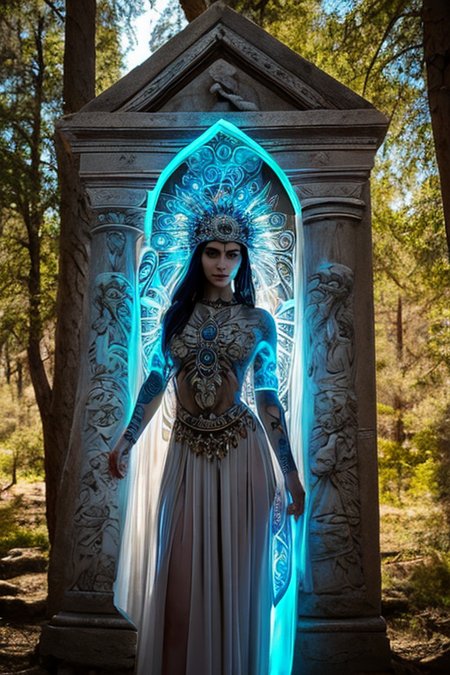 <lora:wrenchsfantasy-000016:0.9>, wrenchsfantasy, fantasy, pagan priestess, mystical glowing tattoos, ancient greek temple