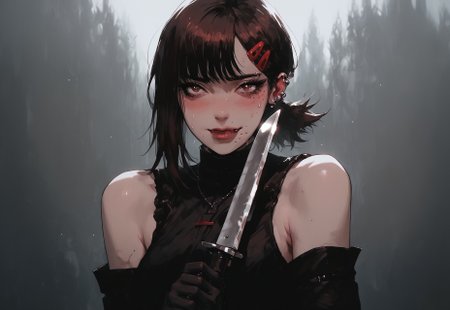 safe_pos, safe_pos, score_9, score_8_up, score_7_up, source_anime, kobenidef, mole under eye, mole under mouth, single sidelock, short ponytail, hairclip, brown hair, brown eyes,  shoulder holster, utility belt, wearing_nbu, black gloves, elbow gloves, black thighhighs, holding combat knife, 1girl,  piercings,  toned, excessive pubic hair,  hairy stomach, hairy armpits, happy trail, slender, thin, skinny, embarrassed, blushing, sexy posing, sweating, <lora:KLK_NudistBeach-IL:0.8>