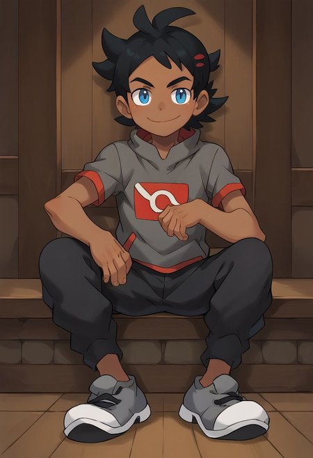 (masterpiece), 1boy, solo, Goh, black hair, blue eyes, dark skin, shirt, black pants, grey shoes, smile, sitting