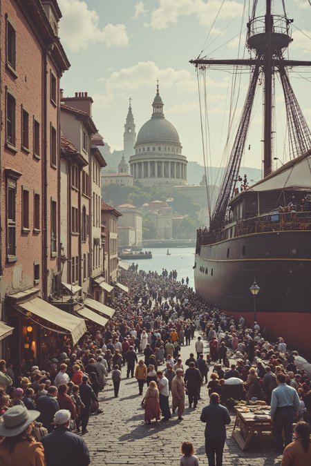 A bustling port city teems with life as a wave of newcomers disembarks from towering wooden ships. Families clutch their few belongings as they step onto the cobbled docks, their faces filled with a mix of exhaustion and hope. A weary mother holds her childâs hand tightly, while merchants and city officials oversee the influx with ledgers in hand. In the background, grand buildings rise, promising a new life, while street vendors offer food to the hungry travelers. <lora:OBInstant camera portrait photography V2.0:1.0>, <lora:Dark side of light:0.55>, <lora:aidmaFLUXPro1.1-FLUX-v0.3:1.0>, <lora:Glitchcore_Flux:0.8>,