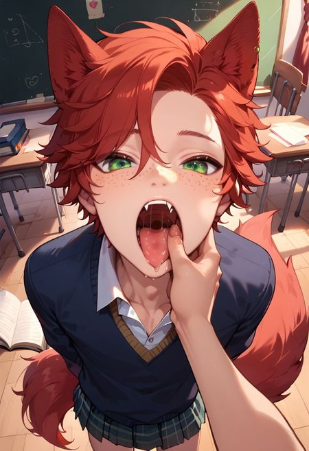 score_9,score_8_up,score_7_up, (1boy, anthro canine humanoid hybrid with red fur, freckles, petite, twink, canine ears, red tail, red hair, green eyes, fluffy, cute, adorable, petite, student, solo, classroom, wearing school uniform, stack of books, fang inspection, fiday, finger in another's mouth, parted lips, fangs, open mouth, saliva, lick, licking finger, standing, aroused look on face, aroused, lust, visible lust, detailed face, anatomically correct, masterpiece, from above, looking at viewer, negative_hand, Expressiveh, source_anthro, rating_suggestive
