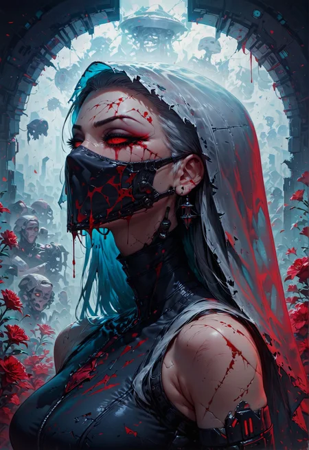 score_9, score_8_up, score_7_up,  1girl, side view, hips, techno suit, technology, uncommon appearance, (crashed spaceship, broken spaceship on the background), gray hair, half face covered, (robotic half face, half face cyborg, cyborg), injuries, blood, (face mask, broken mask, veil, broken glass), mystic, holding bloody knife, (veil, final boss:1.2), red flowers  <lora:pony/twilight_style:0.8> concept art, realistic <lora:pony/expressiveh:0.4> expressiveh <lora:sdxl/princess_xl_v2:0.8> <lora:pony/vixon_gothic_neon_style:0.32> g0thicPXL, glowing, neon