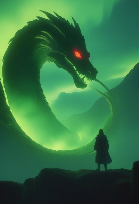 Bosstyle, Silhouette a cat summoning a giant green Dragon: Capture the essence of nostalgia and color in this animated illustration. Dominating the scene is a meticulously detailed, translucent green scaled chinese dragon with burning red eyes, adorned with vibrant patterns, blending seamlessly with its surroundings. Its long tail, composed of intricately woven ribbons in a spectrum of colors, trails behind, adding to the spectacle of the moment. Amidst the quietude of the night, its presence exudes a sense of ancestral strength and resilience. Behind it, the low-toned hues of the Milky Way cast a mesmerizing backdrop, a cosmic tapestry weaving tales of both past and future. Dark ominous clouds gather above. In this moment, the convergence of tradition and magic, of ancient wisdom and magical prowess, hangs palpably in the air., atmospheric haze, Film grain, cinematic film still, shallow depth of field, highly detailed, high budget, cinemascope, moody, epic, OverallDetail, 2000s vintage RAW photo, photorealistic, candid camera, color graded cinematic, eye catchlights, atmospheric lighting, imperfections, natural, shallow dof