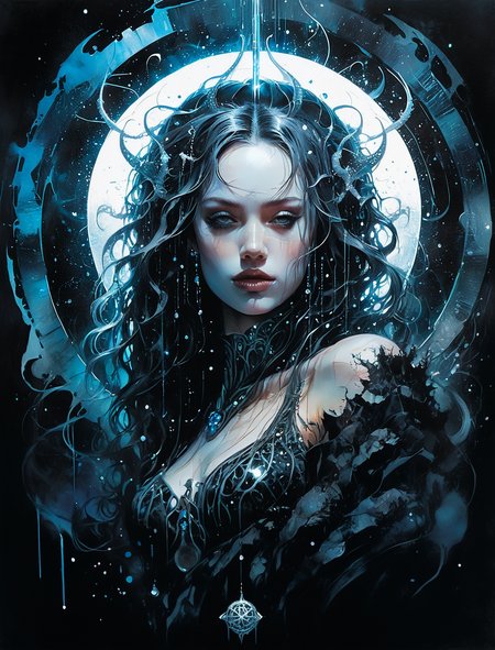 ((style of Philippe Druillet:Bastien Lecouffe-Deharme)), (abstract:1.4), (surreal:1.4), floating in black void, event horizon, crystalline halo, geometric, glitter,  you can't take the sky from me, submerged desolation, angular brush, (intricate), (volumetric lighting), dazzling, (professional watercolor painting:1.2), faceless shape, bust, thorny tentacle hair, holding perfect orb in hands, <lora:SDXL_neg4all xl v9.1:1>,  <lora:g0th1cPXL:1>