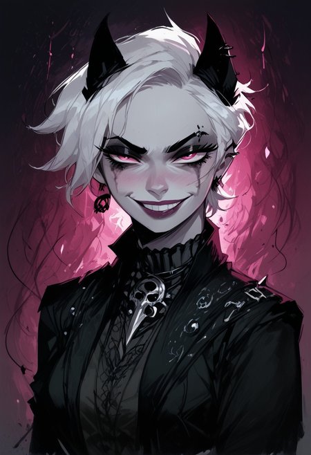 score_9, score_8_up, score_7_up, BREAK, 1woman portrait, beautiful, dramatic lights (( seductive, seductive look, goth, goth girl, goth makeup, animal ears, pink eyes, white colored skin, white hair, short hair, happy, smug))
<lora:Fant5yP0ny:0.6> <lora:fantasy_world_pony:0.9>
<lora:Cherry-Gig:0.55>