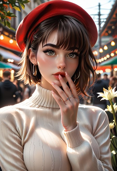 score_9, score_8_up, score_7_up, score_6_up, score_5_up, score_4_up, Cinematic Lighting, Volumetric Lighting, Bloom, Post Processing, Perfest Anatomy, Extermy Ely Detailed Eyes and Face, Perfect Eyes.
1girl, Solo,
dark brown hair, dark red hair,gray eyes,plump lips(((extremely short hair, tomboy hairstyle))), (((tall female))), (((very big eyes))),dark lips,
slim figure, narrow waist, wide hips , (big breasts:1.1), perfect round butt,
-clothes-Low warm sweater with open shoulders and neck, red beret, small earrings, simple ring on finger.
BREAK
girl stands sideways to the viewer, looking at the viewer, ((Holding a flower in her hands - a lily))((holding, Covering mouth with a lily. covering mouth, lily,))((bright blush))
Spring park, on the street, a large monument in the background, many flowers, yellow sun, rays of light, sky,
Close-up.
Focus on the face.
(realistic style photo),dynamic lighting, warm lighting, dreamy lighting, realistic volumetric lighting <lora:detailed_notrigger:1> <lora:DandonFuga_Style_v.2_-_Pony:0.65>