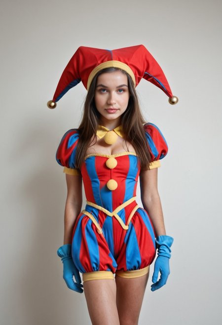 <lora:Coll-PomniXL_1672540:1> 1girl, blue eyes, blue gloves, coll-pomni, gloves, hat, jester cap, long hair, looking at viewer, puffy short sleeves, puffy sleeves, solo